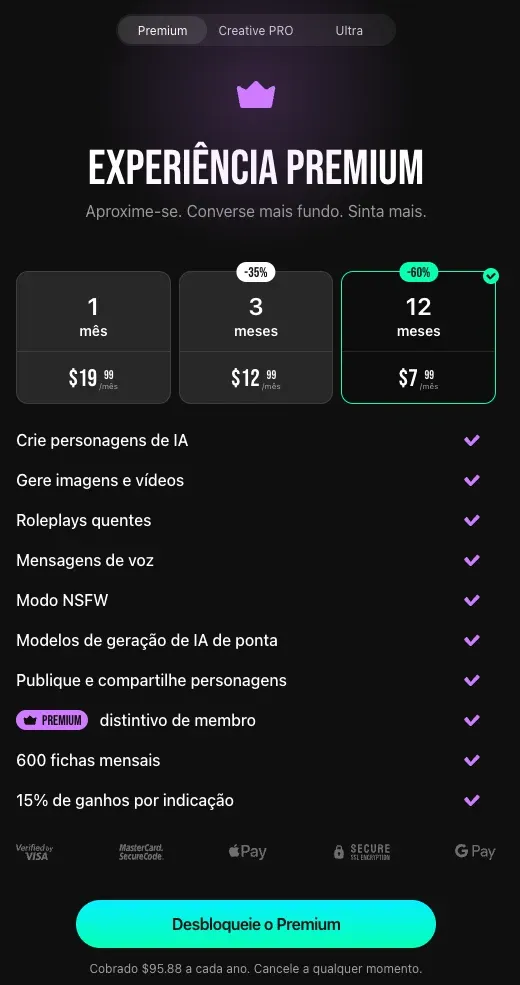Página de assinatura do Lovescape em português, com os planos de 1, 3 e 12 meses