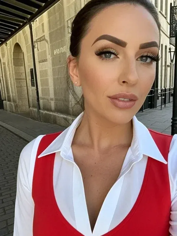 Brisa, personagem de IA de 24 anos, de colete vermelho e camisa branca em uma selfie na rua
