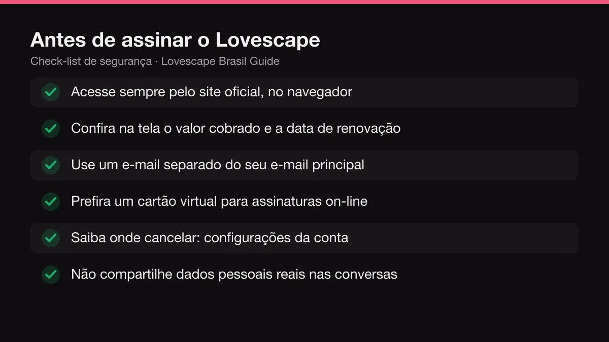 Check-list de segurança antes de assinar o Lovescape: usar o site oficial, conferir valor e renovação, e-mail separado, cartão virtual, saber cancelar e não compartilhar dados pessoais