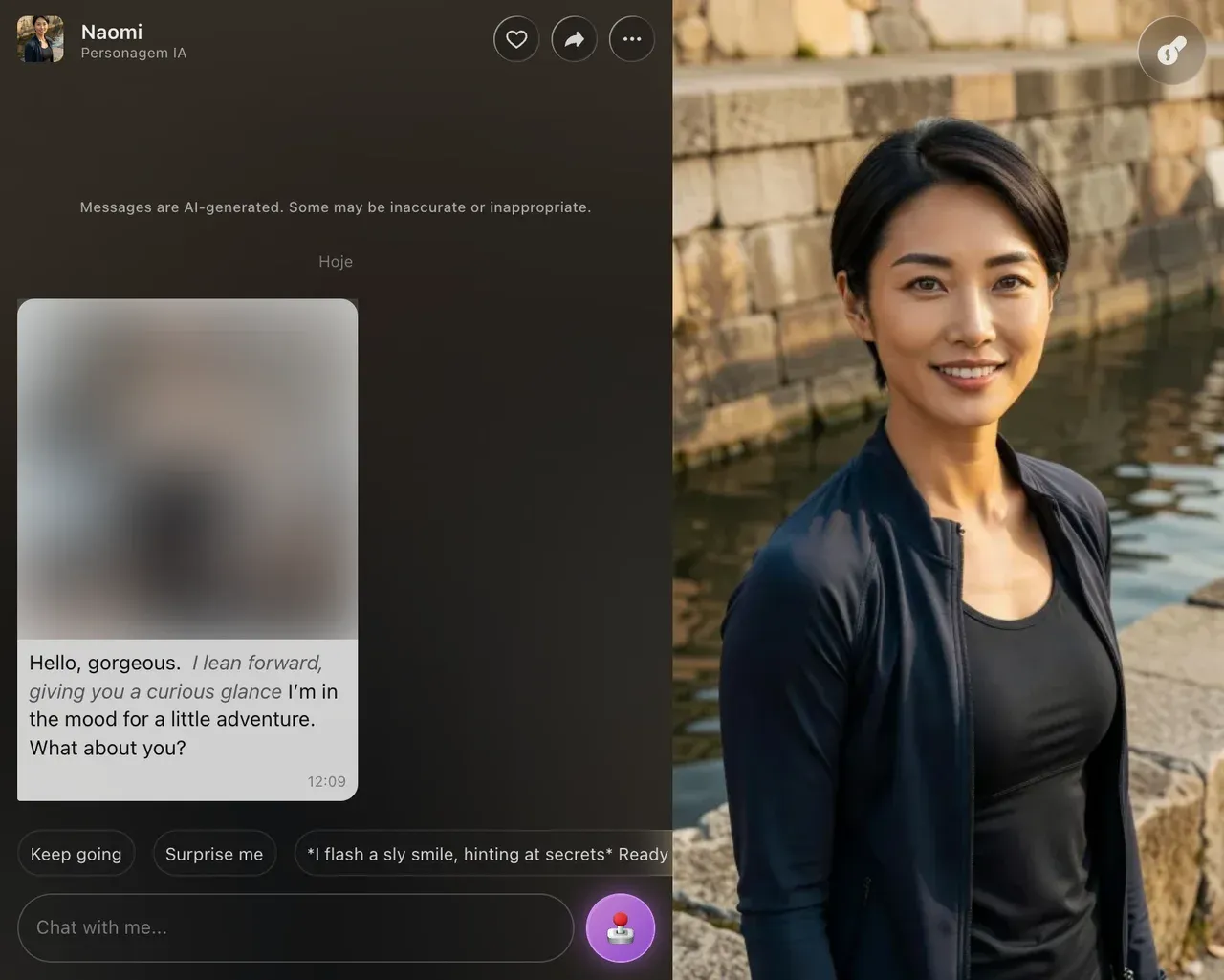 Chat do Lovescape IA em português com a personagem Naomi