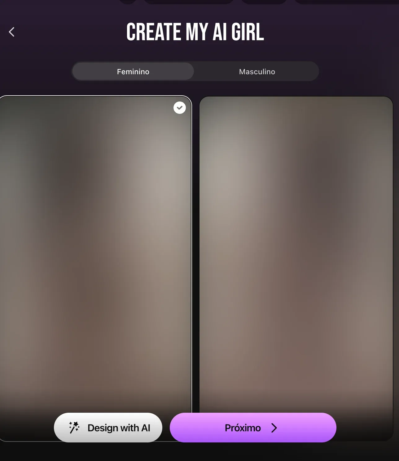 Tela de criação de personagem do Lovescape AI em português, com imagens desfocadas