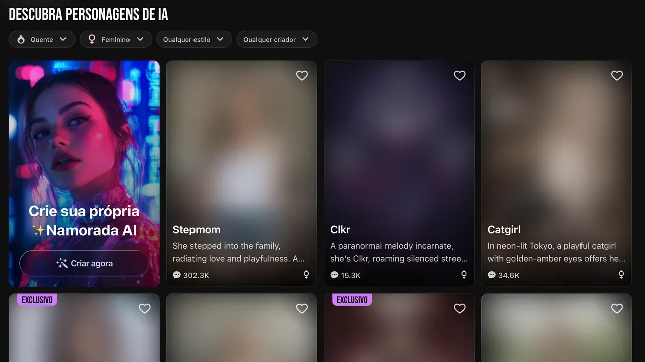 Página Descubra Personagens de IA do Lovescape em português, com filtros e miniaturas desfocadas