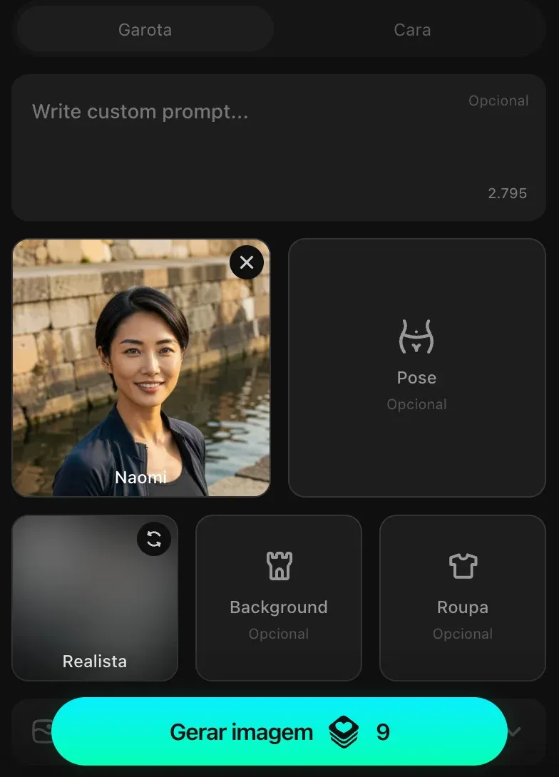 Gerador de imagens do Lovescape AI com campos de pose, cenário e roupa